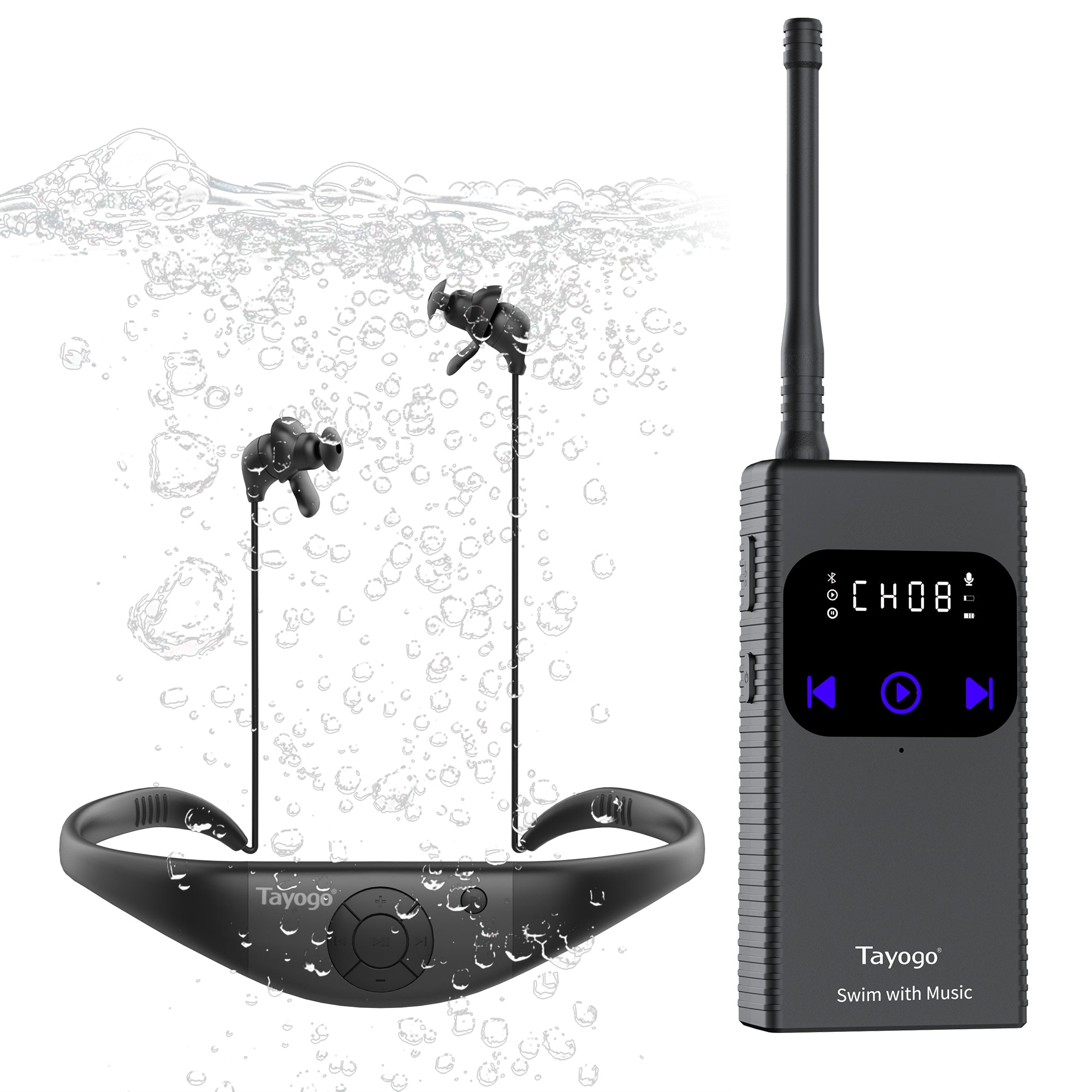 Stream Music Combo - Wireless Transmitter + Waterproof In-Ear Headphones 8GB Memory Mp3 Player & Receiver