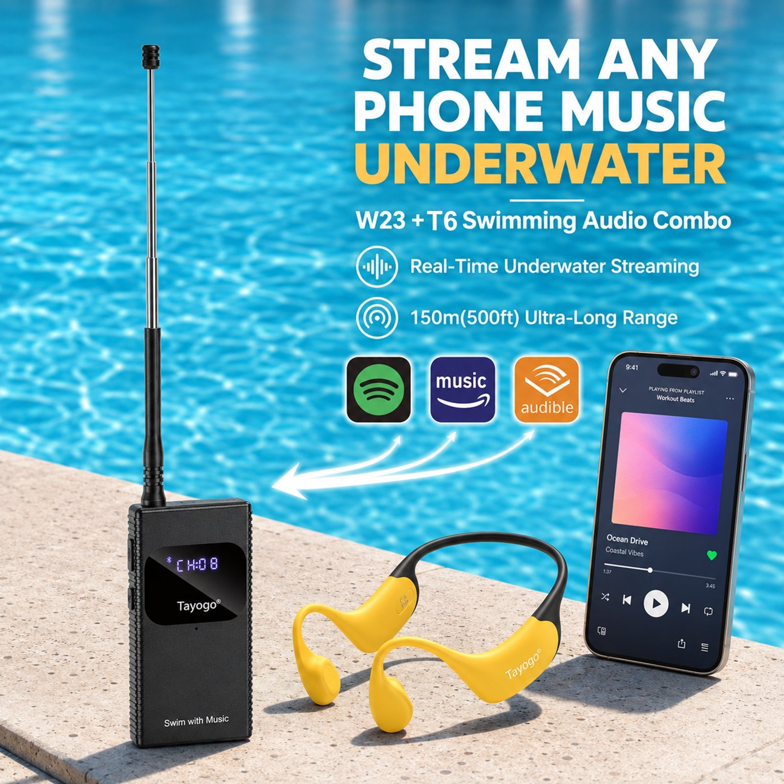 Stream Music Combo - T6 Transmitter + W23 Aquasonic Elite Bone Conduction Swimming Headphones