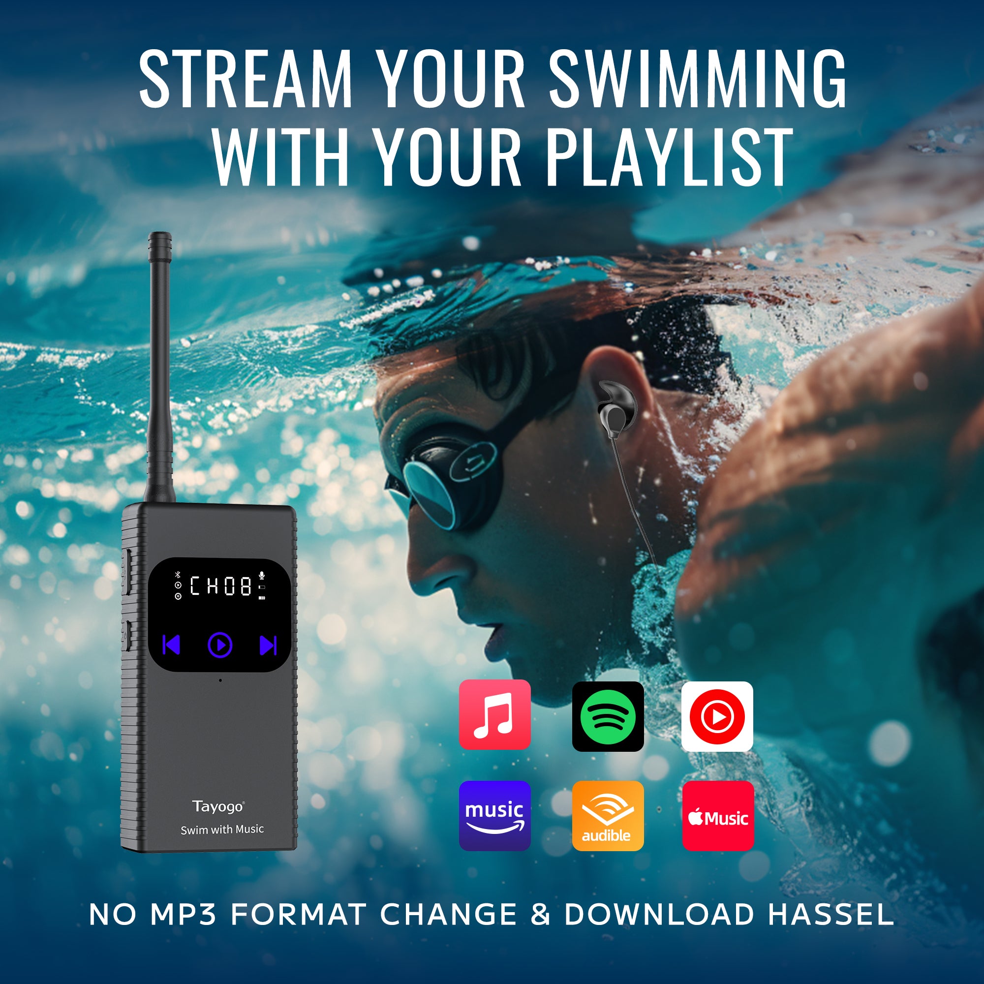 Stream Music Combo - Tayogo T6+W18 Swim Music Combo – Waterproof Swimming MP3 Player + Bluetooth Transmitter | No Need to Download Music, Support Spotify, Swim with Your Stream APP
