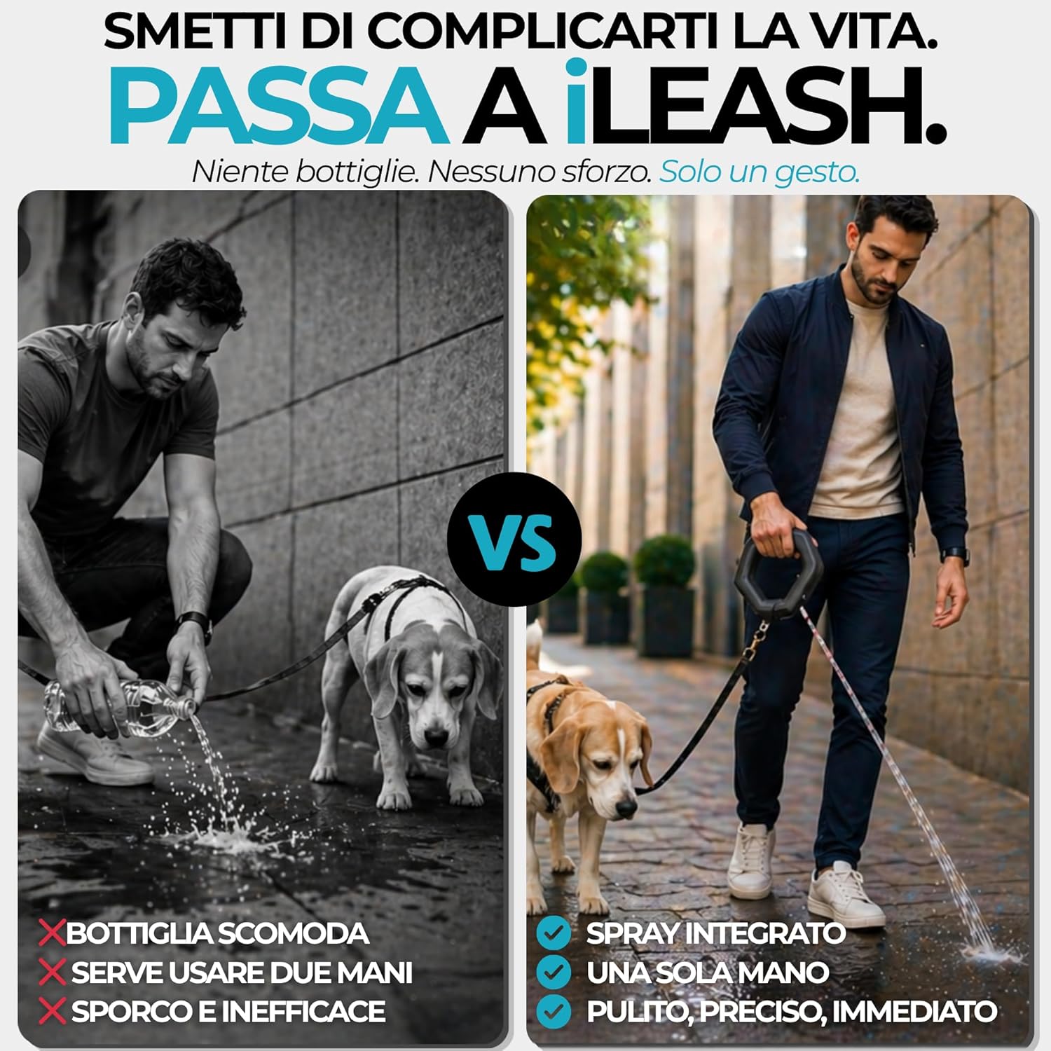 Dog Leash with Built-in Sprayer – Instantly Rinse Dog Pee During Walks, 85ml Water Tank, Rope Leash Included, No Water Bottles Needed, Patented Solution