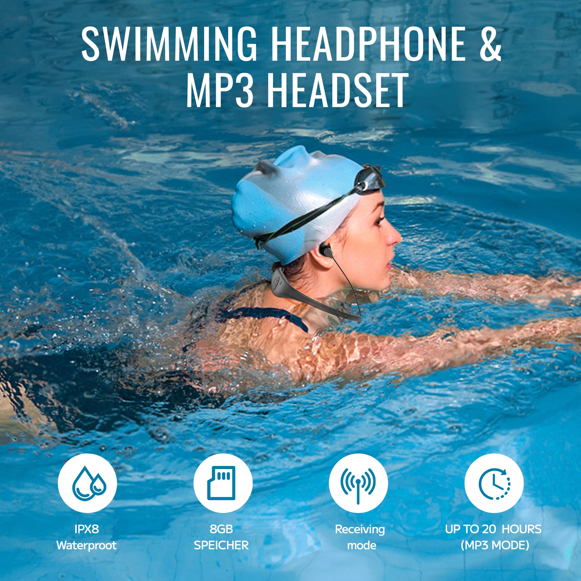 Stream Music Combo - Wireless Transmitter + Waterproof In-Ear Headphones 8GB Memory Mp3 Player & Receiver