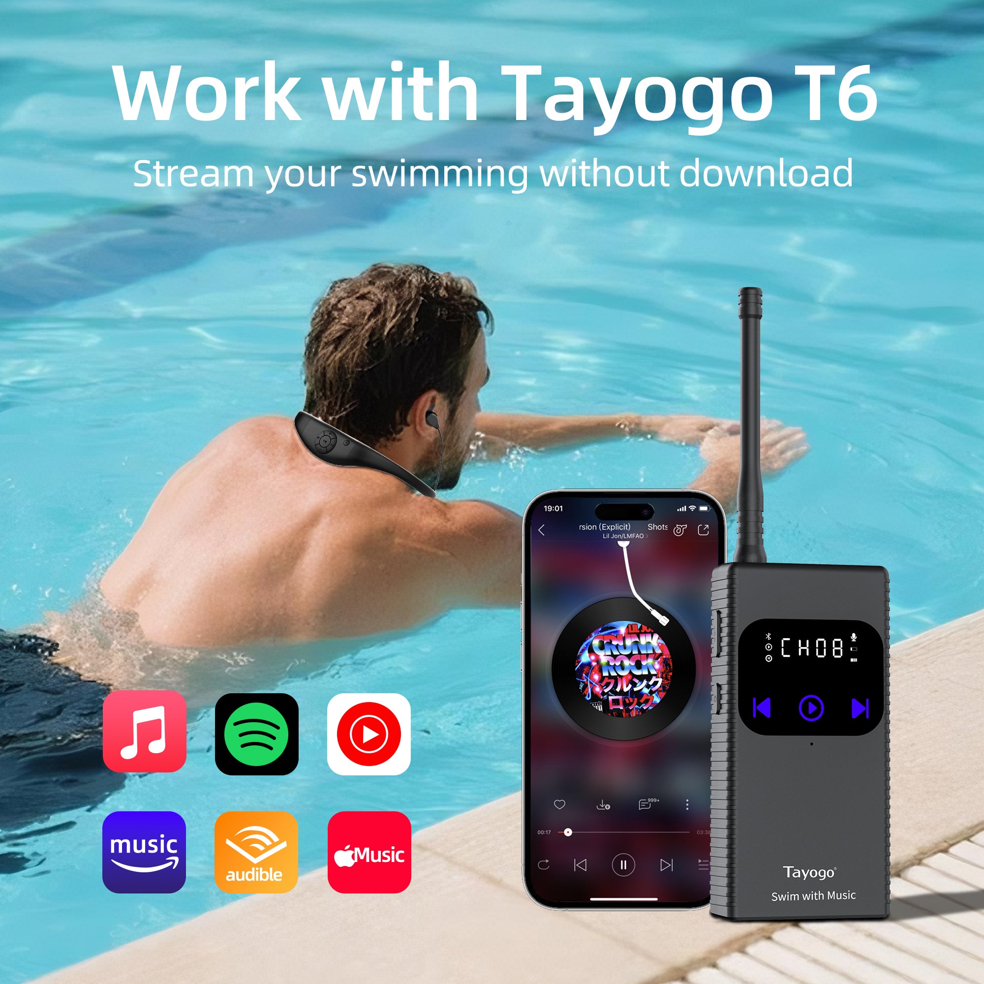 Stream Music Combo - Tayogo T6+W18 Swim Music Combo – Waterproof Swimming MP3 Player + Bluetooth Transmitter | No Need to Download Music, Support Spotify, Swim with Your Stream APP