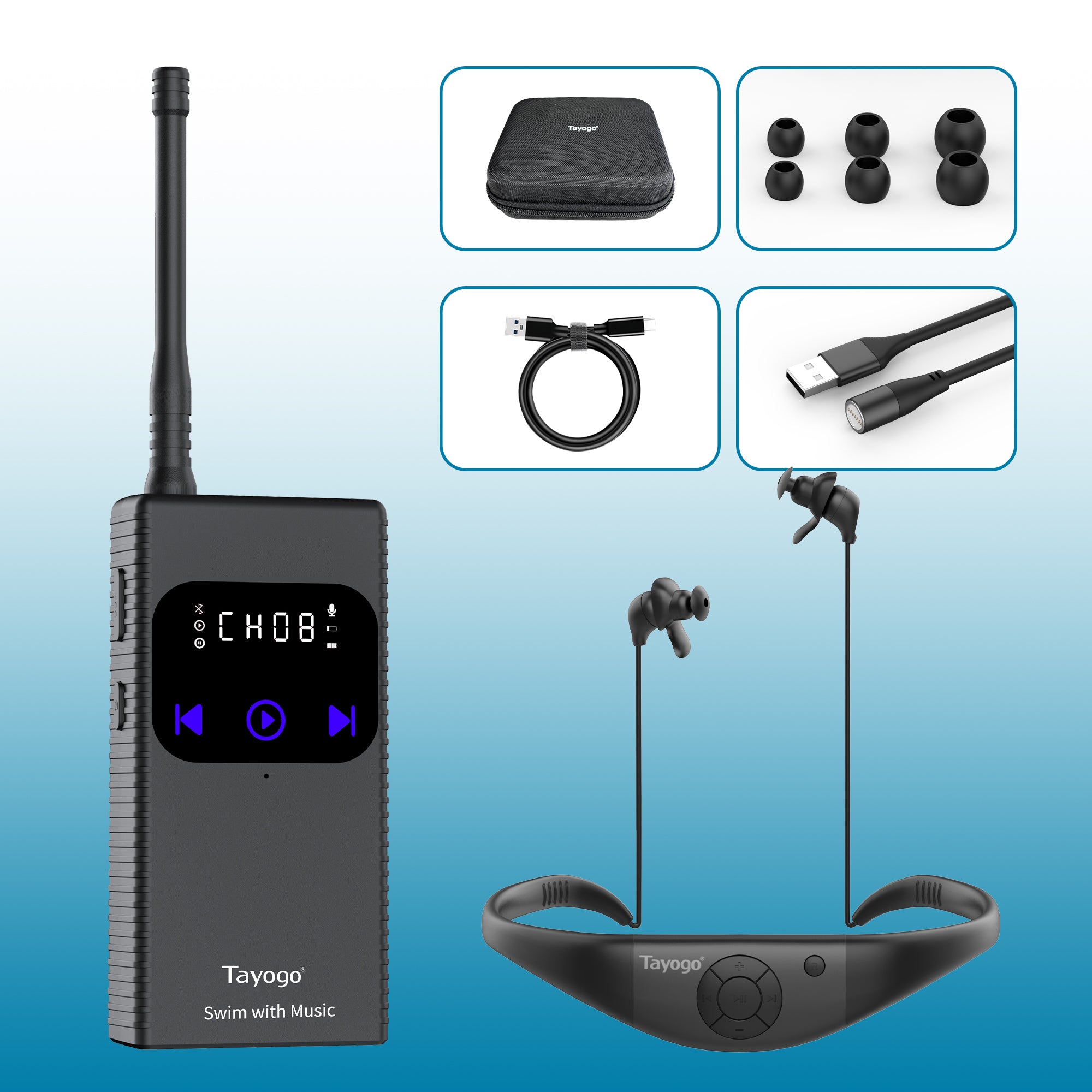Stream Music Combo - Wireless Transmitter + Waterproof In-Ear Headphones 8GB Memory Mp3 Player & Receiver