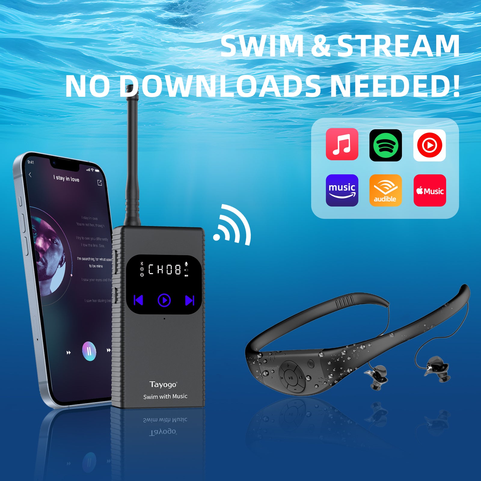 Stream Music Combo - Wireless Transmitter + Waterproof In-Ear Headphones 8GB Memory Mp3 Player & Receiver