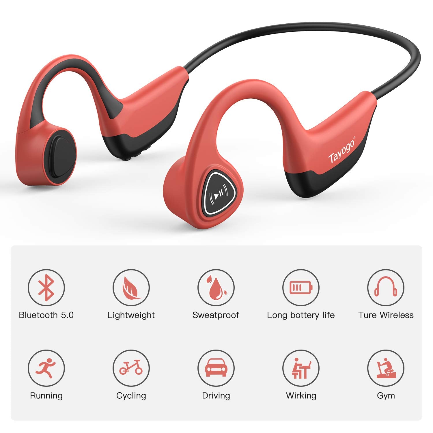 Tayogo Bone Conduction Headphones with Microphone (Bluetooth 5.0) - waterpoof mp3 player;swimming headphone;bone conduction headphone;bone conduction bluetooth;tayogo