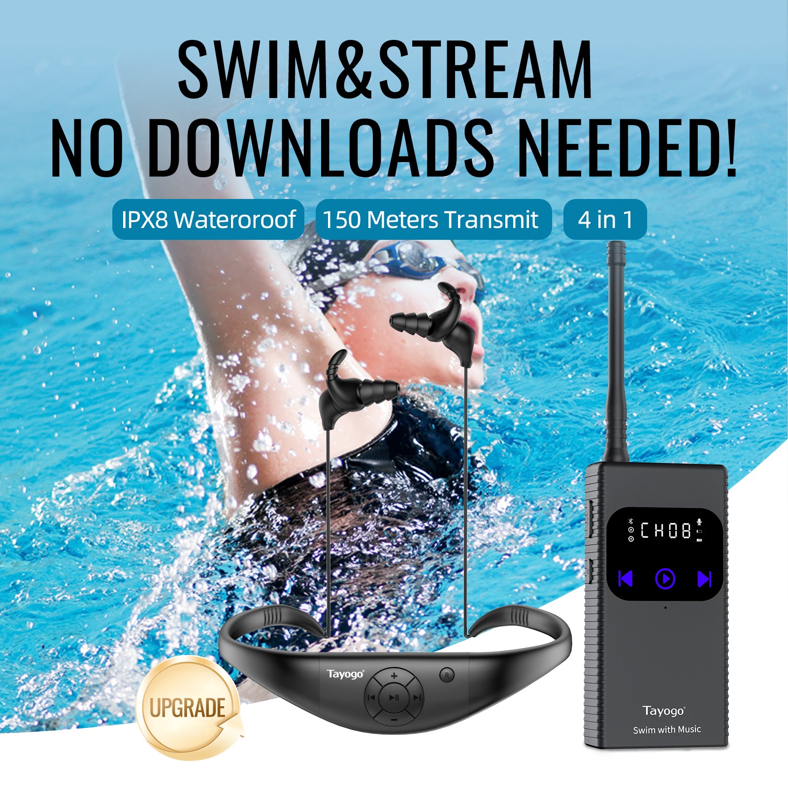 Stream Music Combo - Tayogo T6+W18 Swim Music Combo – Waterproof Swimming MP3 Player + Bluetooth Transmitter | No Need to Download Music, Support Spotify, Swim with Your Stream APP
