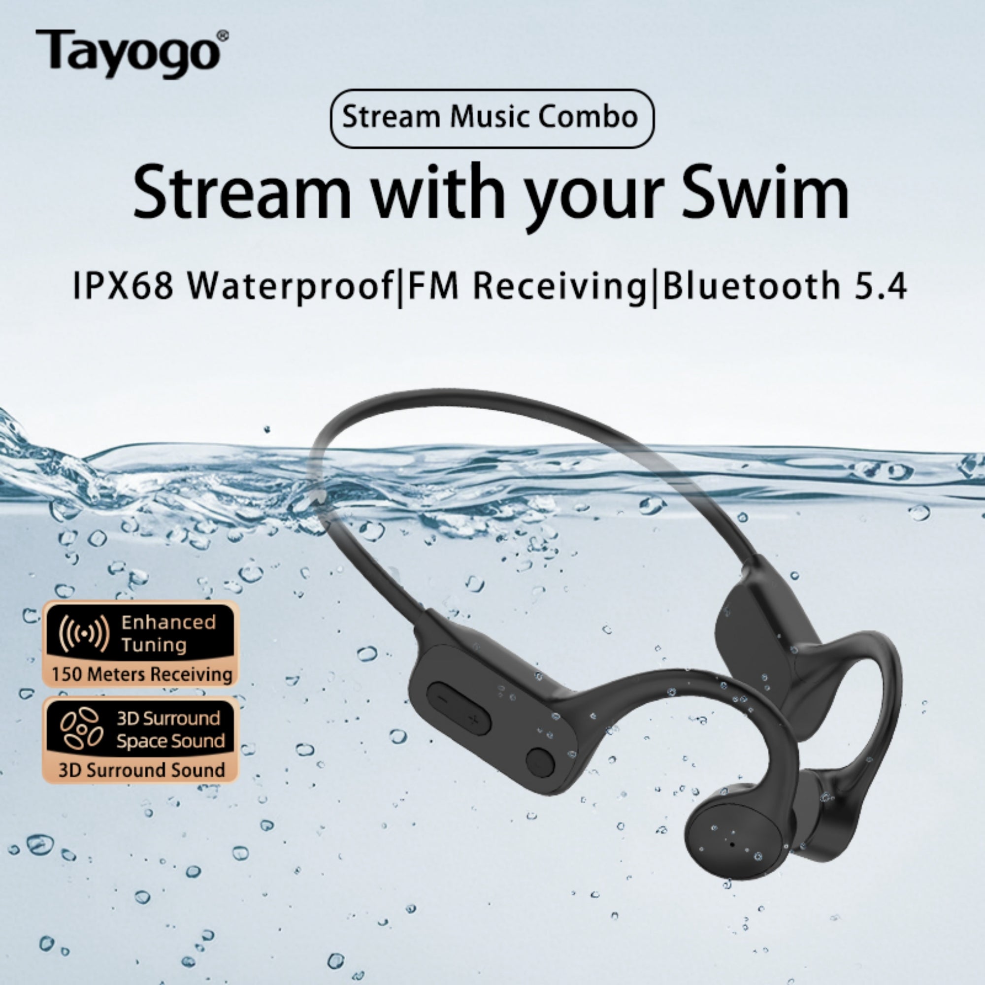 Stream Music Combo - Wireless Transmitter + Waterproof  Bone Conduction Headphones Bluetooth & Receiver(Plastic Version)