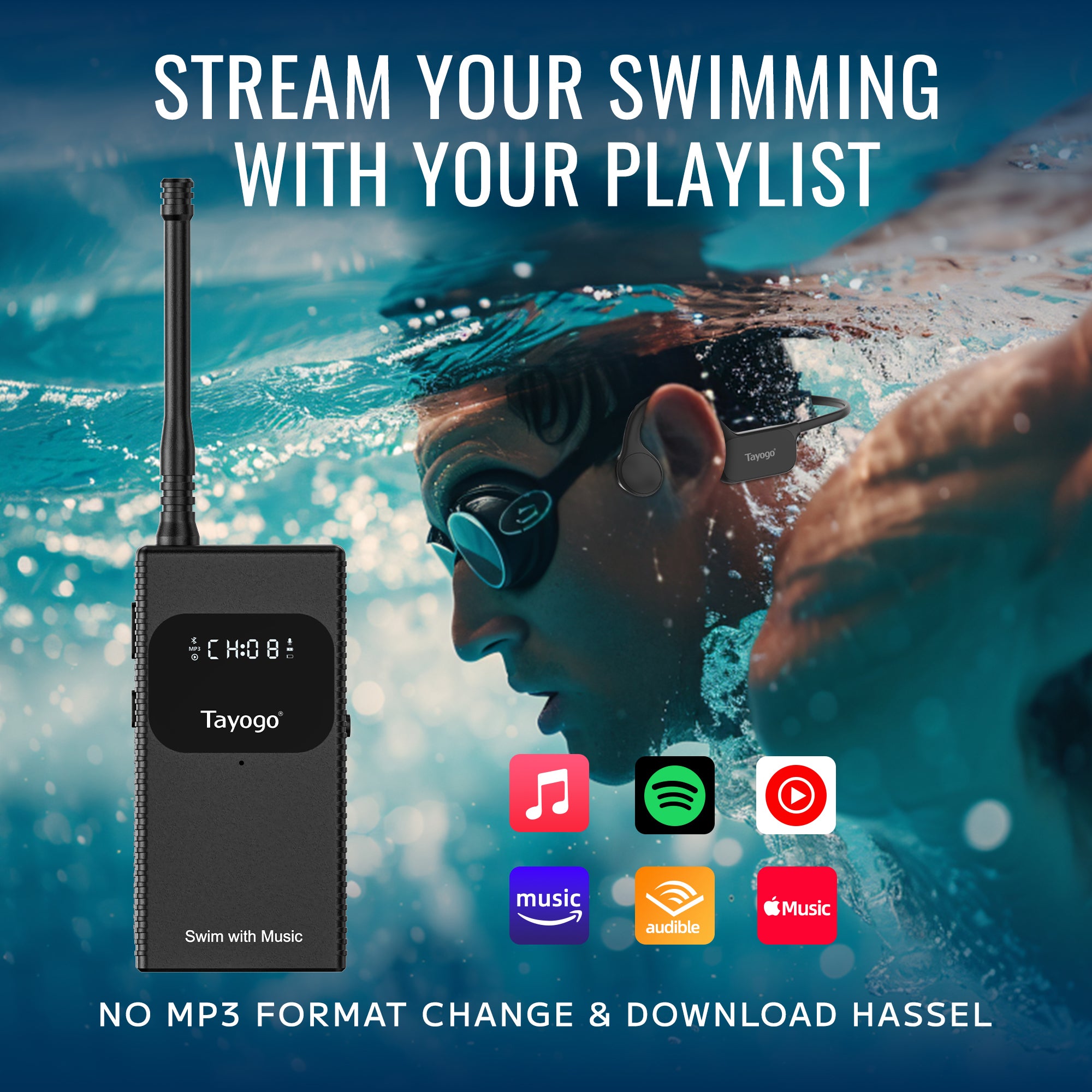 Stream Music Combo - T6 Transmitter + W25 Bone Conduction Waterproof Headphones