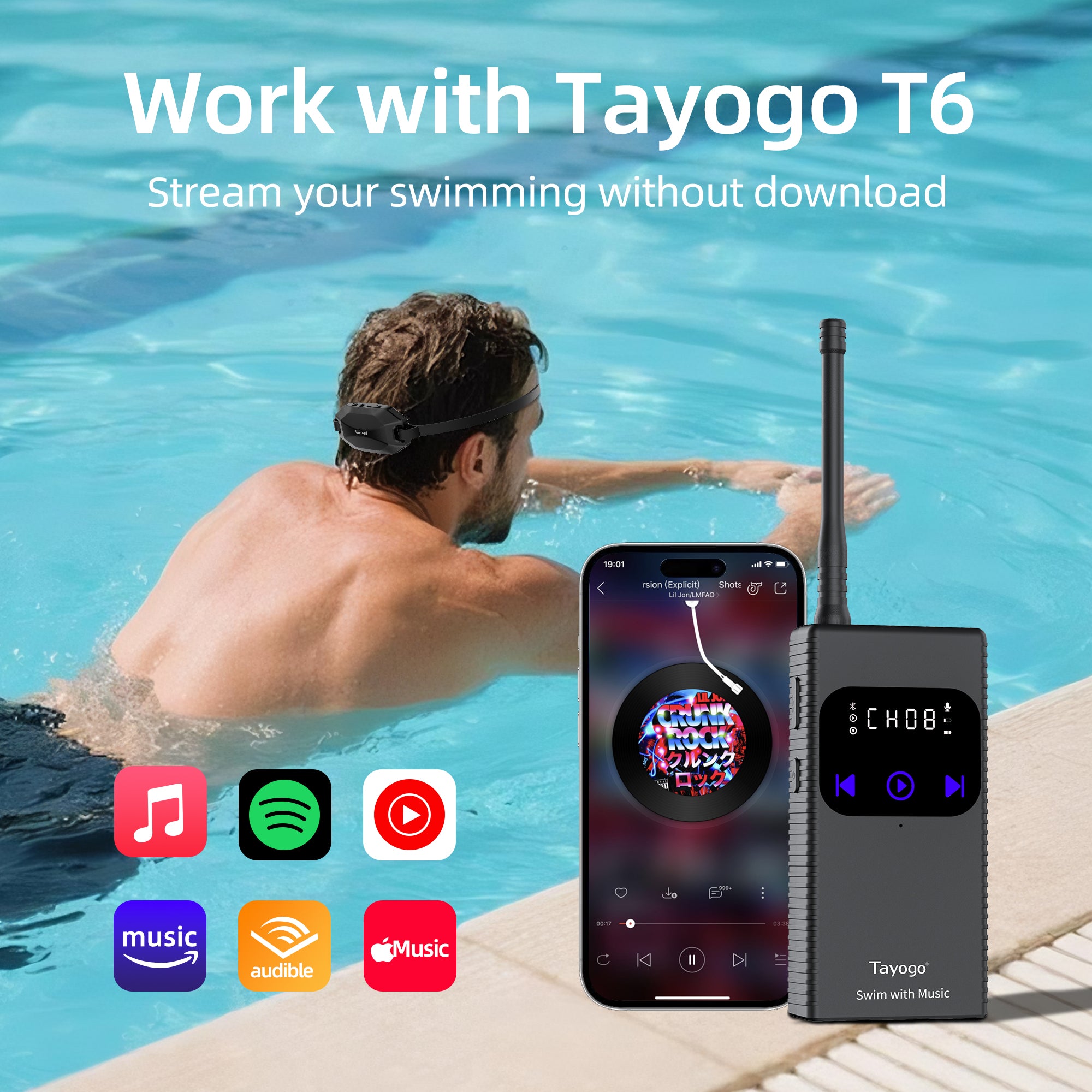 Tayogo W24 ROCK PRO + T6 Transmitter SwimMusic Combo – Waterproof Bone Conduction Headphones for Swimming