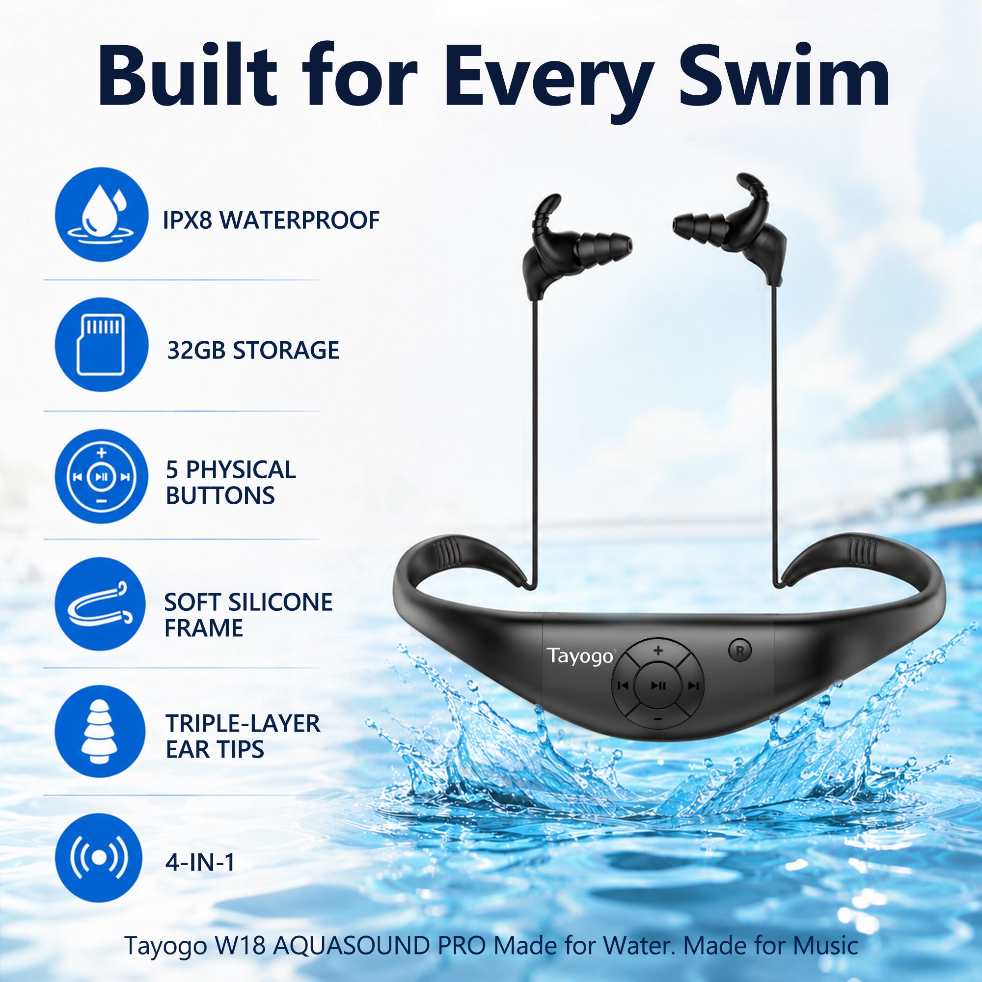 Tayogo W18 AquaSound Pro 4-in-1 In-Ear Swimming Headphones