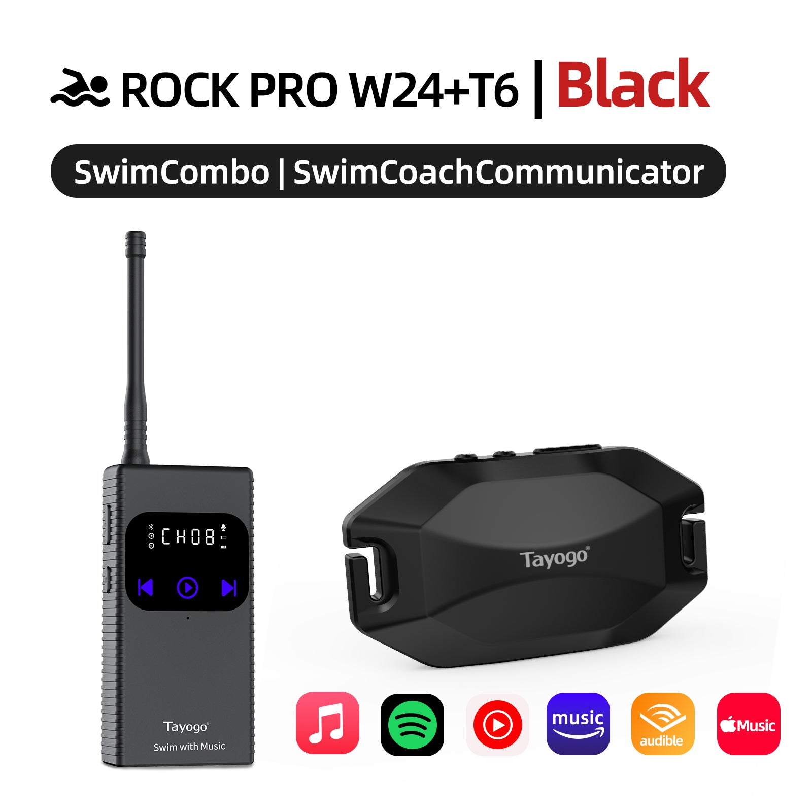 Tayogo W24 ROCK PRO + T6 Transmitter SwimMusic Combo – Waterproof Bone Conduction Headphones for Swimming