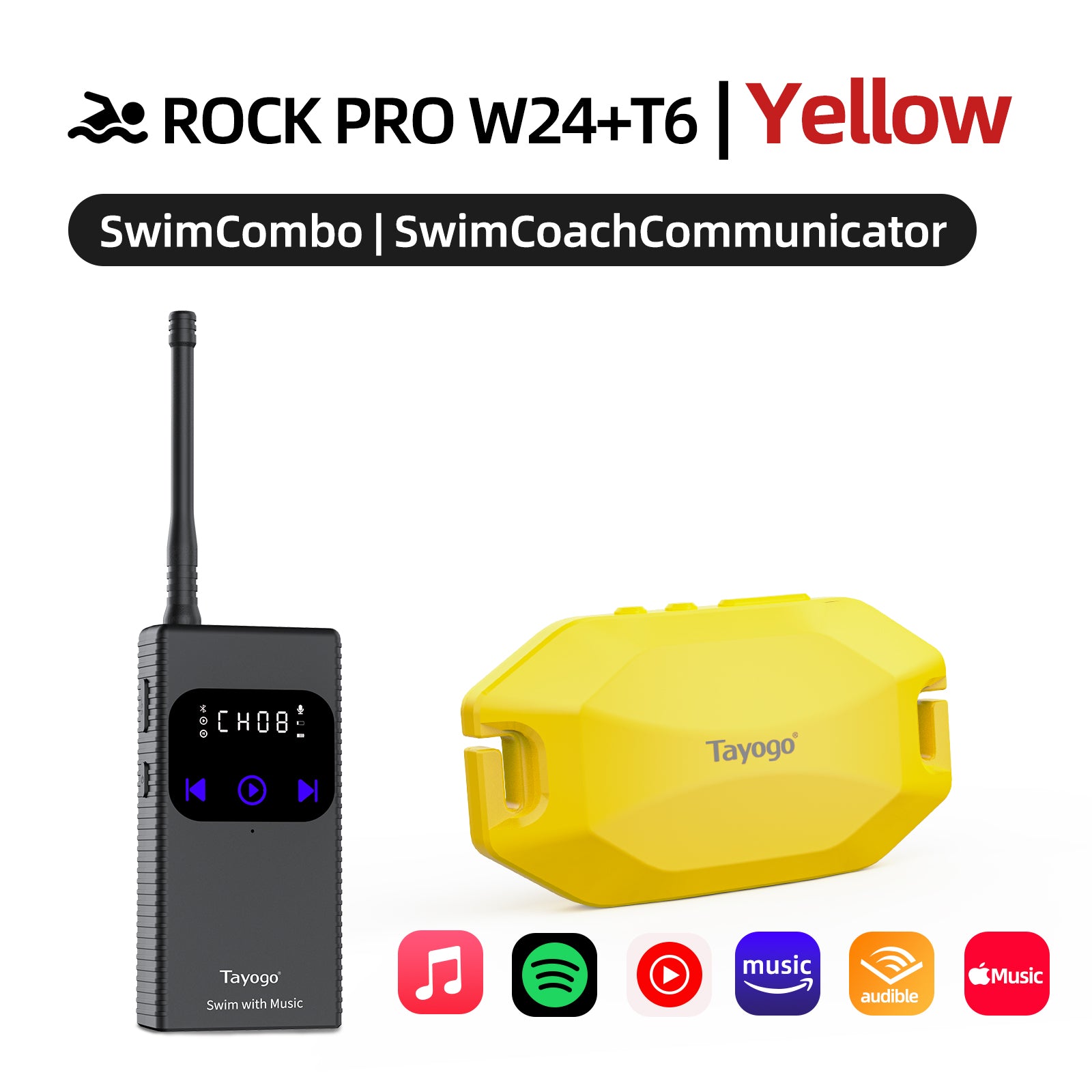 Tayogo W24 ROCK PRO + T6 Transmitter SwimMusic Combo – Waterproof Bone Conduction Headphones for Swimming