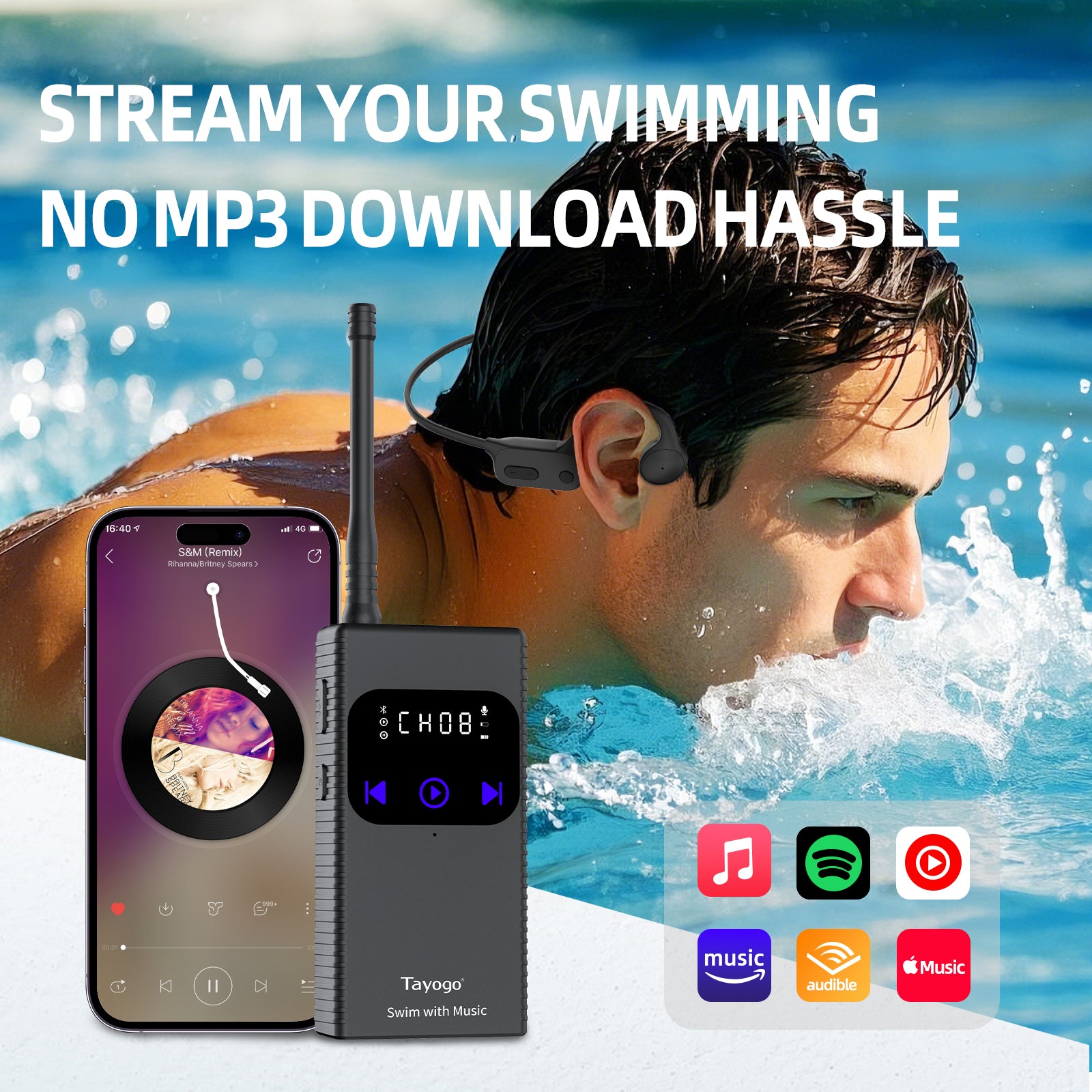 Stream Music Combo - Wireless Transmitter + Waterproof  Bone Conduction Headphones Bluetooth & Receiver(Plastic Version)