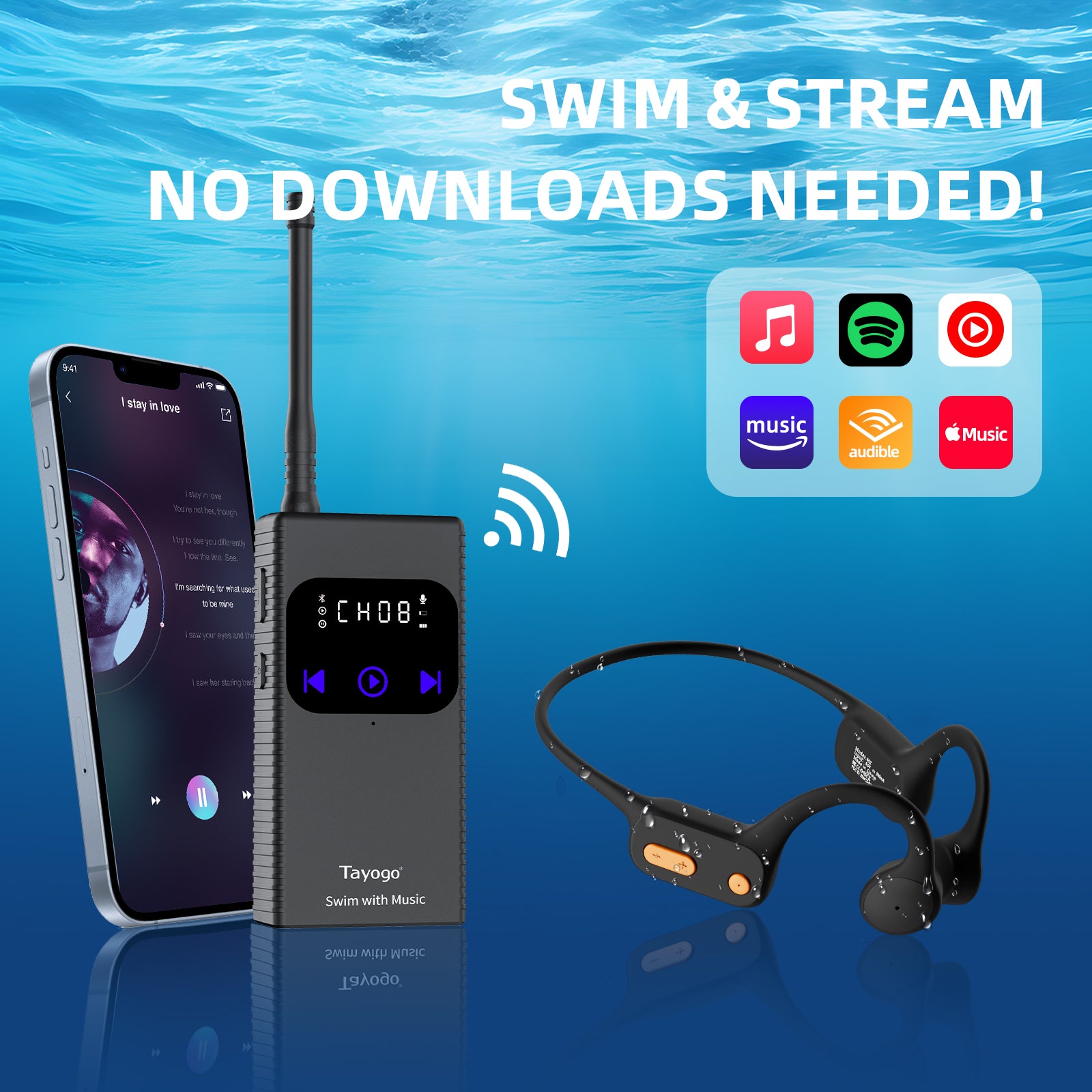 Stream Music Combo - Wireless Transmitter + Waterproof Premium Bone Conduction Headphones Bluetooth &  Receiver(Silicon Version)