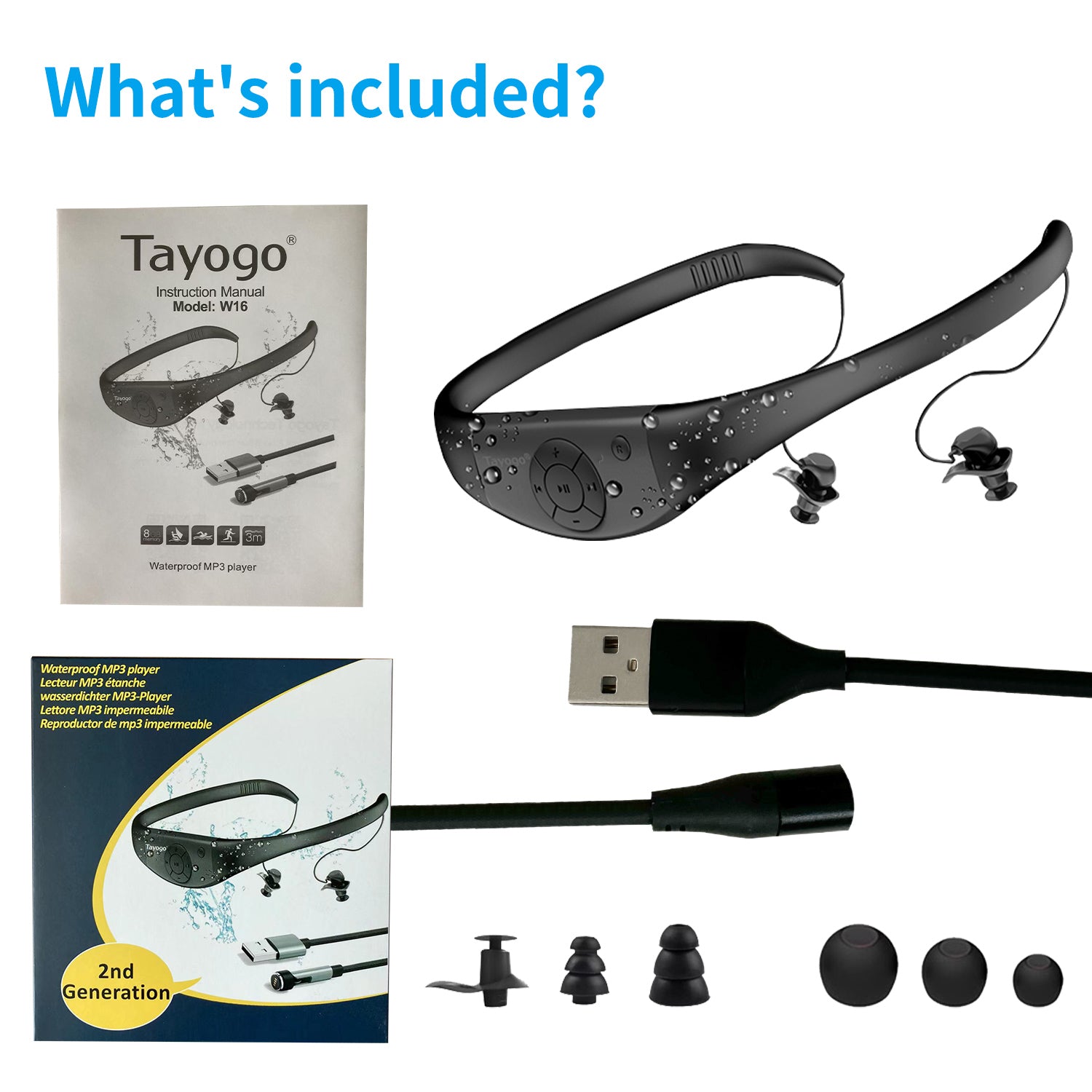 Tayogo W16 防水スイミング MP3 プレーヤー、FM ラジオ、Bluetooth なし