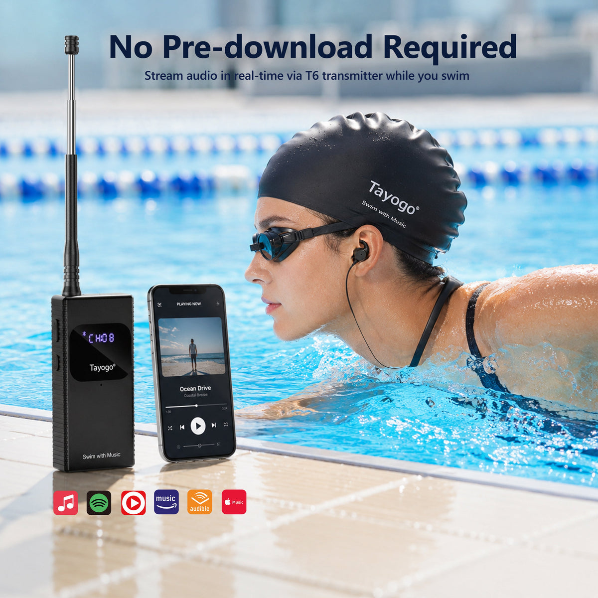 Swimming headphones for Spotify Audible and phone audio without downloading