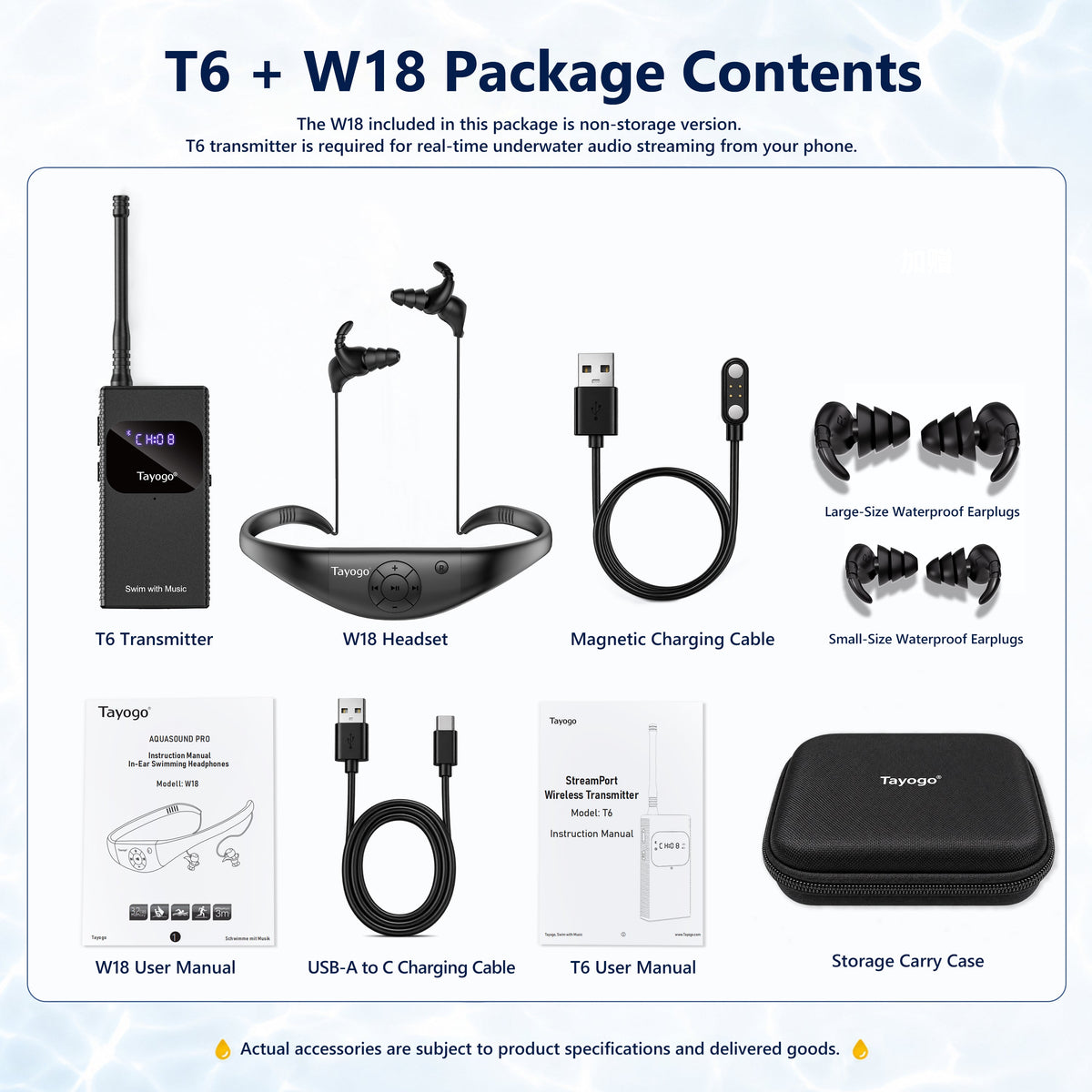 Tayogo T6 + W18 SwimCombo package contents