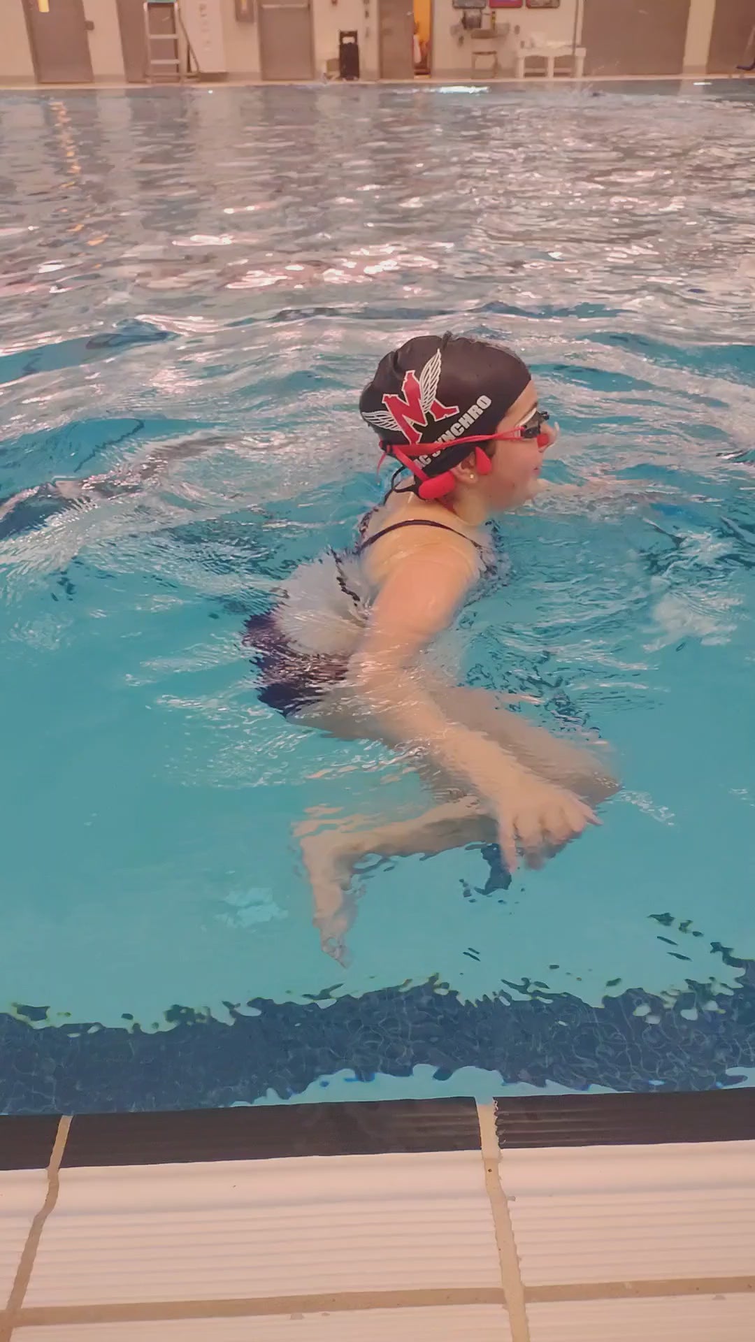 Artistic swimming pool practice with English titles and captions