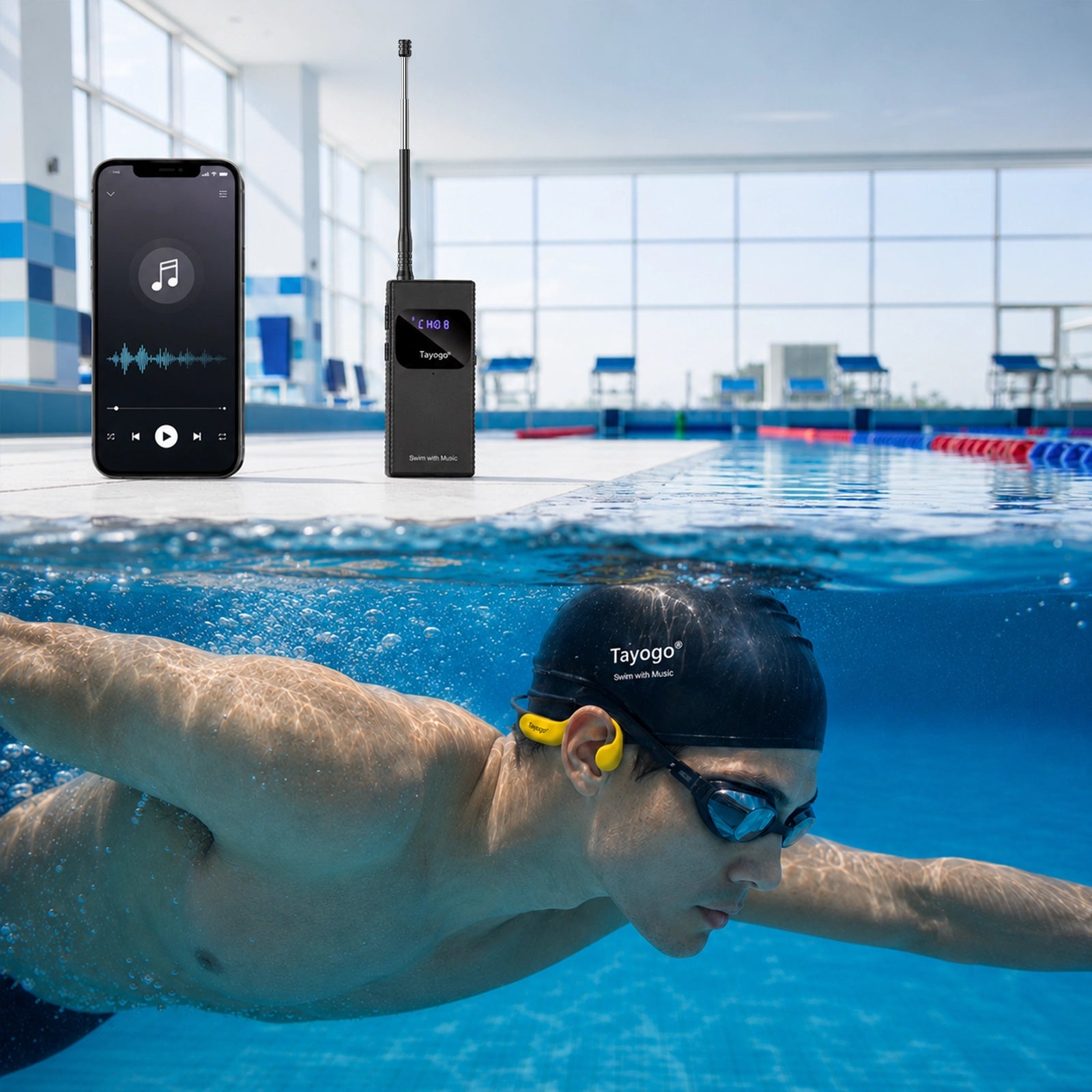 Tayogo Swim Combo streams phone audio through T6 to swimming headphones