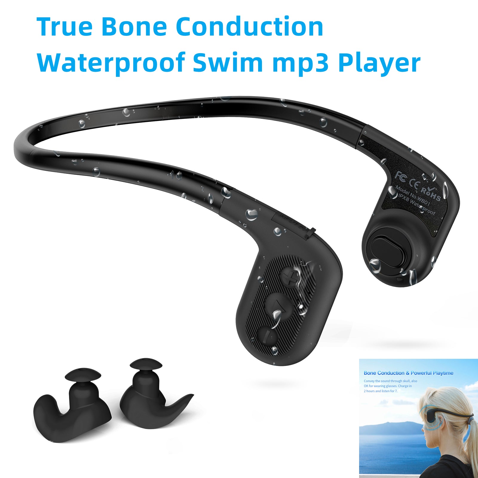 Bone Conduction Headphones Swimming, Tayogo 8GB Bluetooth IPX8 Waterproof  Mp3 Player, Underwater Headsets for Diving, Running, Cycling-Black