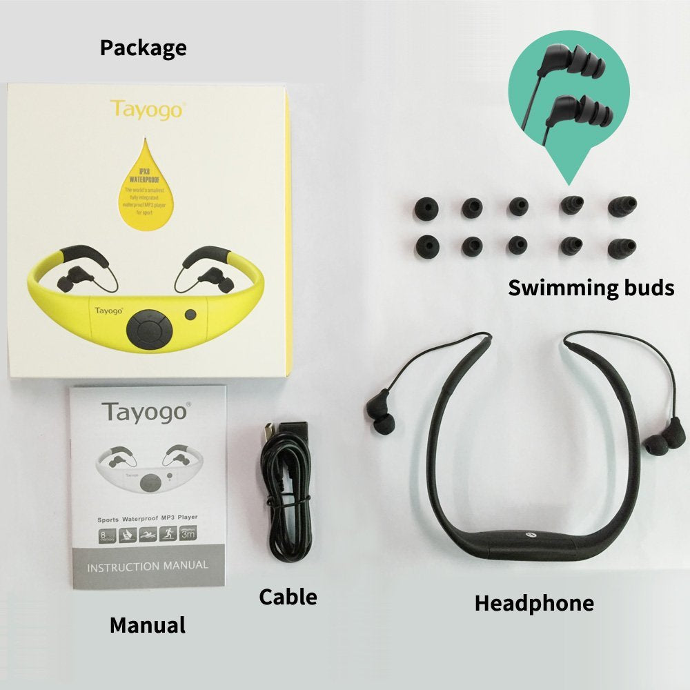 Tayogo Upgraded Waterproof Mp3 Music Headphone Player - waterpoof mp3 player;swimming headphone;bone conduction headphone;bone conduction bluetooth;tayogo